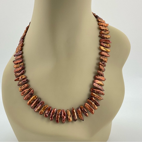 New Biwa Pearl Necklace, Handmade, Copper Stick Pearls, Statement Necklace, BoHo - Picture 3 of 10